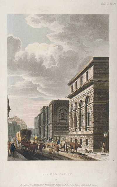 Uitzicht op Old Bailey, kijkend naar het noorden, City of London door Rudolph Ackermann