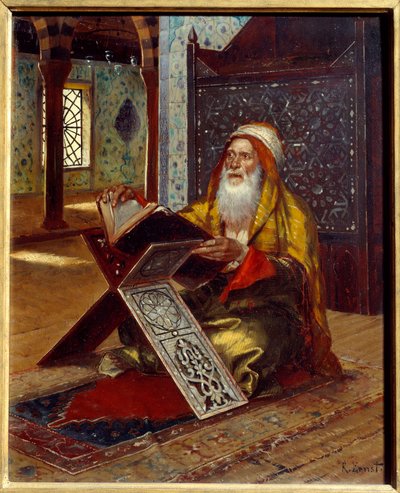 De lessenaar Een imam die de Koran leest. Schilderij door Rudolph (of Rudolphe) Ernst (1854-1932) 19e eeuw Nantes, Musee des Beaux Arts door Rudolphe Ernst