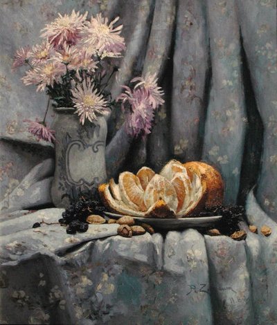 Chrysanten en een Open Sinaasappel door Rufus Fairchild Zogbaum