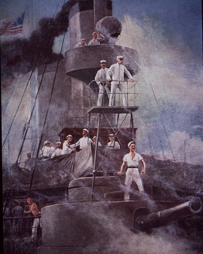 Spaans-Amerikaanse Oorlog 1898, Slag bij Manilabaai, Admiraal Dewey leidt actie vanaf vlaggenschip Olympia door Rufus Fairchild Zogbaum