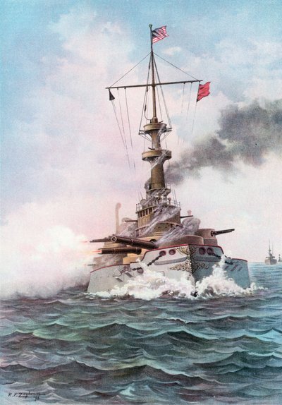 Het slagschip Indiana van de Verenigde Staten tijdens schietoefeningen door Rufus Fairchild Zogbaum