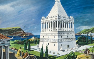 Het Mausoleum in Halicarnassus, voltooid in 353 v.Chr. (gouache op papier) door Ruggero Giovannini