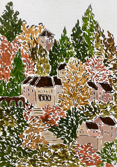 Herfstdorp in de heuvels door Rushati Chowdhury