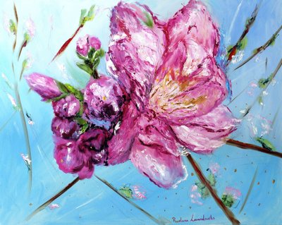 Roze Kersenbloesems, met gouden versiering, 2023 door Ruslana Levandovska