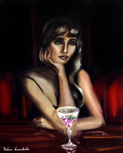 Vrouw met een roze cocktail, 2024 (olieverf op doek) door Ruslana Levandovska