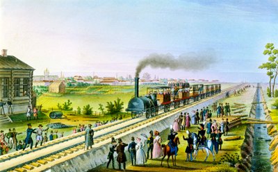 Opening van de eerste spoorlijn van Sint-Petersburg naar Pavlovsk, Rusland, 1830s door Russian Master