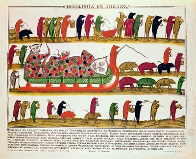 Begrafenis van een kat door de muizen, karikatuur van tsaar Peter de Grote (1672-1725) 1850 door Russian School