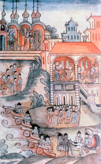 Viering van de geboorte van Peter I (1672-1725) van Rusland door Russian School
