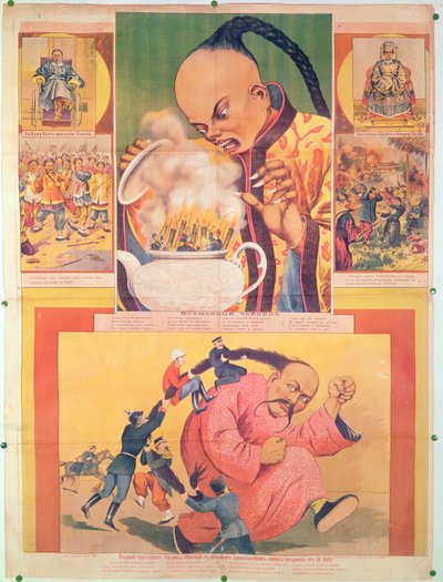 Komische Russische poster die de Europeanen in China satiriseert, gedrukt in Moskou, Rusland, 1900 door Russian School