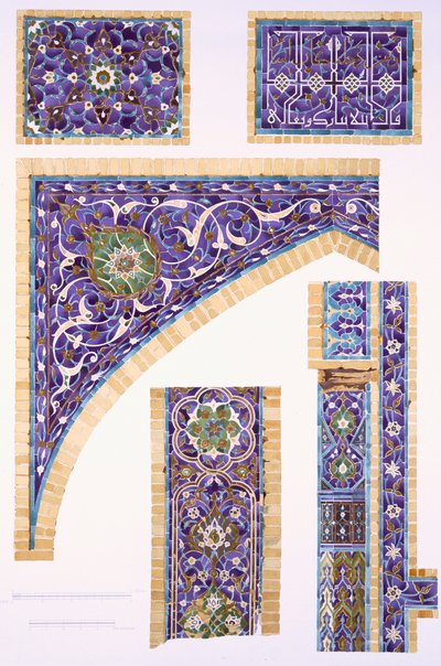 Decoratief tegelwerk in blauw, groen en crème met gouden omlijningen door Russian School