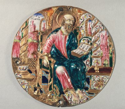 Vergulde en geëmailleerde plaquette die St. Johannes de Evangelist toont, werkplaats van het Kremlin van Moskou, 17e eeuw door Russian School