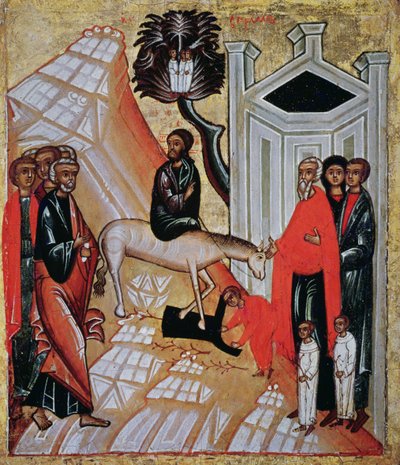 Icoon die de intocht van Christus in Jeruzalem uitbeeldt, Novgorod School door Russian School