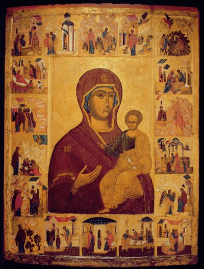 Icoon die de Maagd en het Kind toont (tempera & bladgoud op paneel) door Russian School