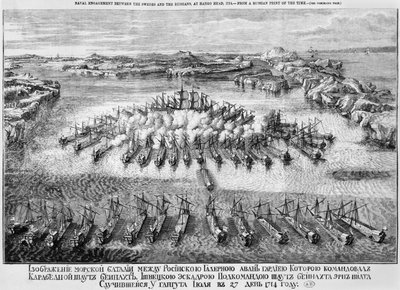 Zeeslag tussen de Zweden en de Russen bij Hango Head, 1714 door Russian School