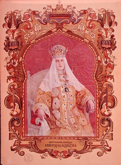 Portret van Tsarina Alexandra Feodorovna (1872-1918) in traditionele kroningsjurk, c.1894 door Russian School