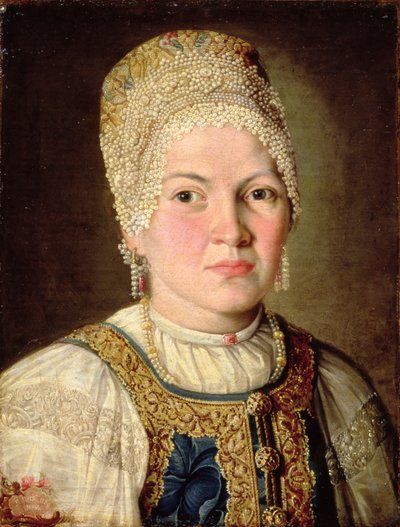 Portret van een vrouw in Russische klederdracht, 1769 door Russian School