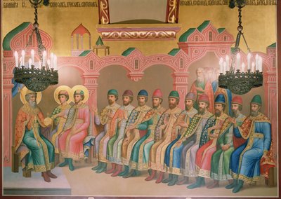 St. Vladimir, Grootvorst van Kiev en zijn zonen, muurschildering door Palekh-meesters in de Facettenkamer, 1882 door Russian School