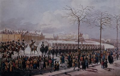 De Opstand van de Decembristen op het Senaatsplein, St. Petersburg op 14 december 1825 door Russian School