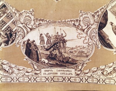 De executie van de Valse Dimitri, detail van een sjaal die de geschiedenis van de koninklijke bedrieger afbeeldt door Russian School