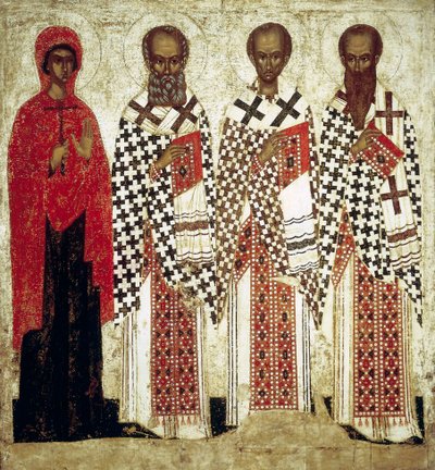 Paraskeva Pyatnitsa, Gregorius de Theoloog, Johannes Chrysostomus en Basil de Grote door Russian icon.