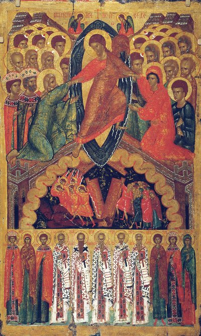 De afdaling in de hel, met geselecteerde heiligen, late 15e eeuw door Russian icon.