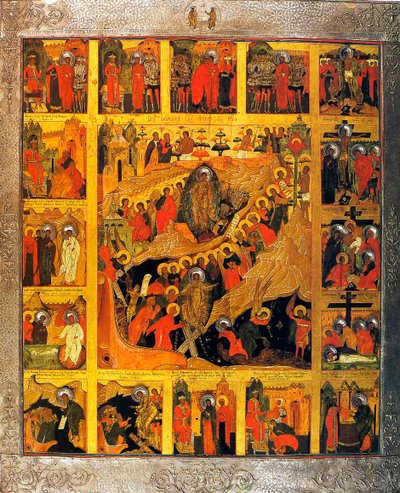 De afdaling naar de hel met de scènes van de passie van Christus door Russian icon.