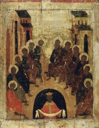De nederdaling van de Heilige Geest op de apostelen, ca. 1410 door Russian icon.