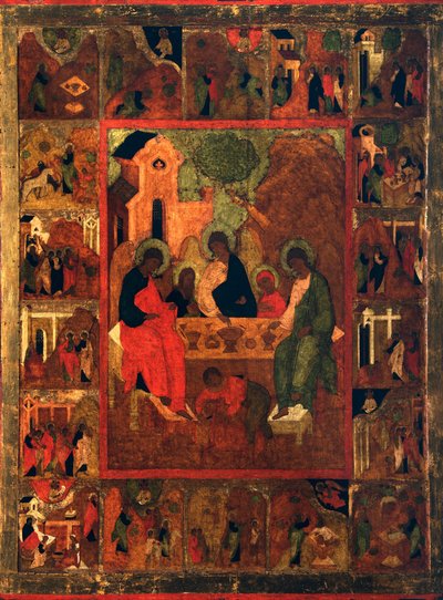 De gastvrijheid van Abraham Oude Testament Drie-eenheid, eind 16e eeuw door Russian icon.
