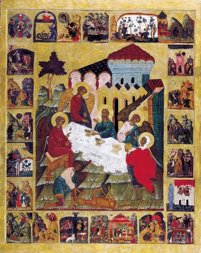 De Heilige Drie-eenheid uit het Oude Testament met scènes uit Genesis, ca. 1580 door Russian icon.