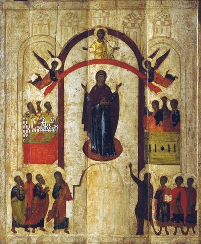 De bescherming van de Moeder Gods Pokrov, ca. 1399 door Russian icon.