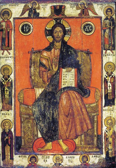 De Verlosser op de Troon met Geselecteerde Heiligen door Russian icon.