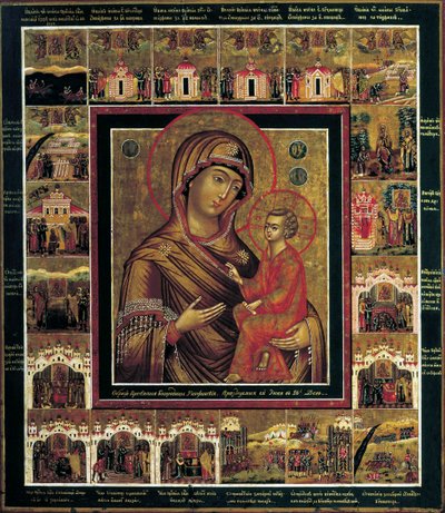 De Maagd van Tikhvin met Randscènes, eerste kwart van de 19e eeuw door Russian icon.