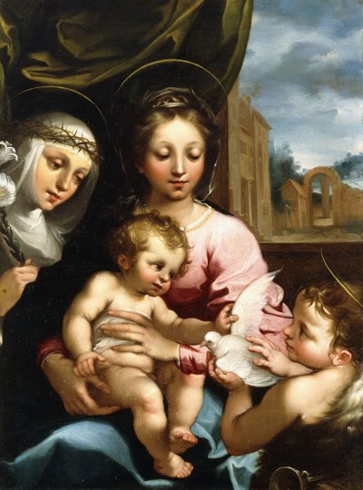De Madonna en het Kind met de jonge Sint Jan de Doper en Sint Catharina van Siena, ca. 1597-1612 door Rutilio Manetti