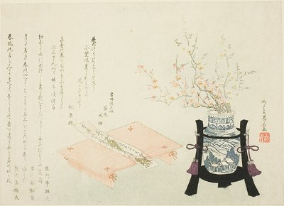 Rode en witte pruimenbloesems met gedichtstrook door Ryuryukyo Shinsai