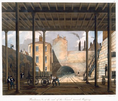 Pakhuizen enz. aan het einde van de tunnel richting Wapping, Liverpool, 1832-1833 door SG Hughes