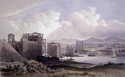 Britannia Buisbrug over de Menai Straits, genomen tijdens de bouw in 1848 door S. (after) Russell