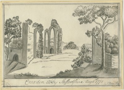 Croxden Abbey: sepia tekening, 6 aug 1772 door S Bentley