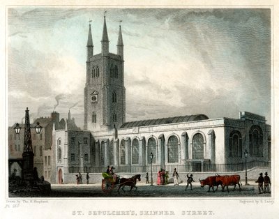 St Sepulchres Kerk, Skinner Street, City of London, ca. 1830 door S. Lacey