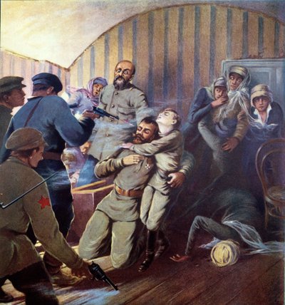 Executie van Tsaar Nicolaas II (1868-1918) en zijn familie in Jekaterinenburg, 17 juli 1918, uit Histoire des Soviets door H. de Weindel, 1923-24 door S. Sarmat