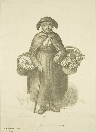 Oude bloemenverkoper van Kingswood, ca. 1828 door S. or D. A. Peters