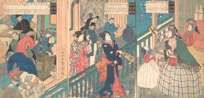 Een waarheidsgetrouwe weergave van een handelshuis van een Yokohama koopman door Sadahide Utagawa