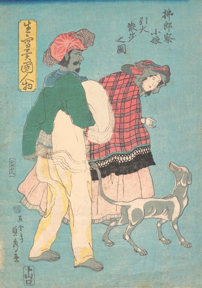 Een jonge Franse dame en een Siamese dienaar die een hond uitlaten door Sadahide Utagawa