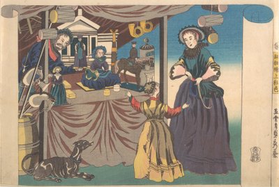 Kleurenafdruk van een koperplaatafbeelding van een speelgoedwinkel door Sadahide Utagawa