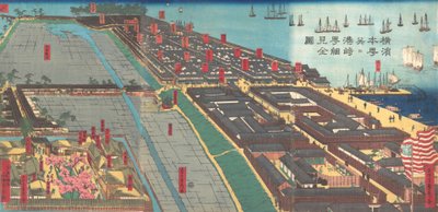 Gedetailleerde Prent van Yokohama Hon-cho en het Miyozaki Plezierkwartier, 4e maand, 1860 door Sadahide Utagawa