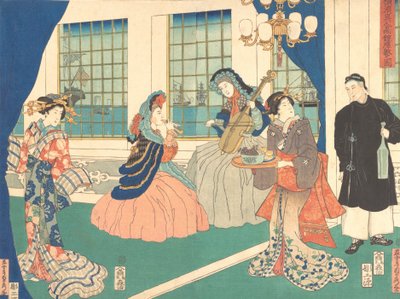 Salon van een buitenlands bedrijf in Yokohama, 9e maand, 1861 door Sadahide Utagawa