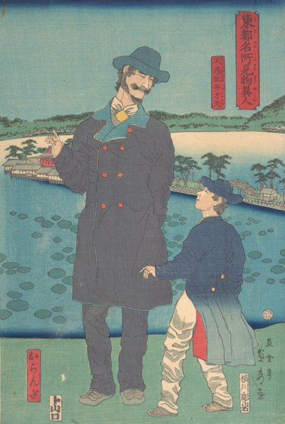 Nederlander en kind bekijken het Benten-heiligdom bij Shinobazu-vijver door Sadahide Utagawa