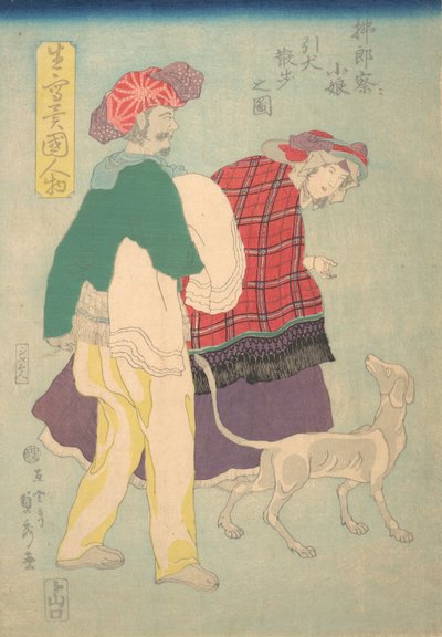 Frans meisje dat een hond uitlaat, vergezeld door een Siamese dienaar, 11e maand, 1860 door Sadahide Utagawa