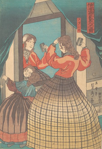 Franse vrouw en meisje, uit de serie Buitenlandse kooplieden in Yokohama, 1861 door Sadahide Utagawa