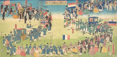 Processie van Mensen uit Vijf Landen: Nederland, Rusland, Frankrijk, Engeland en Amerika door Sadahide Utagawa