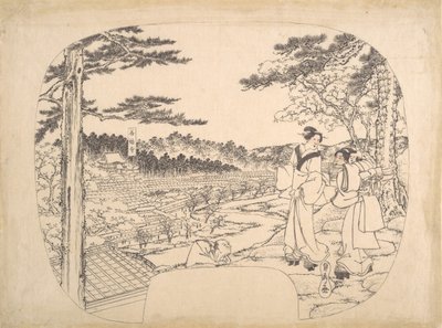 Twee vrouwen bewonderen de bezienswaardigheden vanaf een uitkijkpunt...de Zenpukuji-tempel, 19e eeuw door Sadahide Utagawa